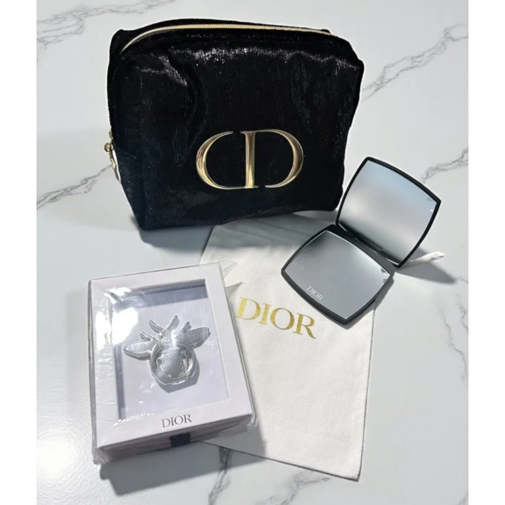 Christian Dior Bee Cell Smart Phone Ring + Black Make Up Pouch + Mirror GWP Lot